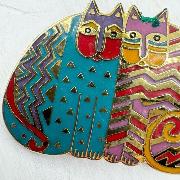 Laurel Burch Vtg “Folkloric Felines” Colorful Enamel Rainbow 2 Cats Brooch Pin - Picture 7 of 14